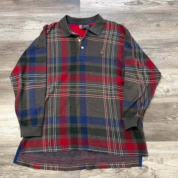 Vintage 90s Chaps Ralph Lauren Gray Tartan Plaid Mens Medium Long Sleeve‎ Polo - Picture 1 of 7